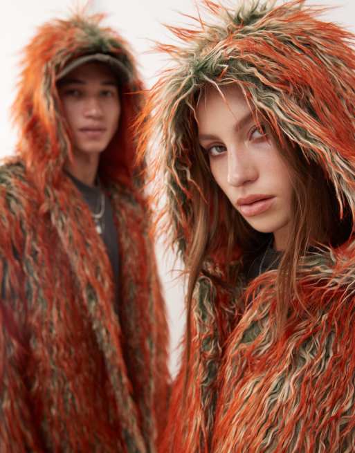 COLLUSION – Orange kappa i fuskpäls och unisex-modell med anorakstil, 4 av 4