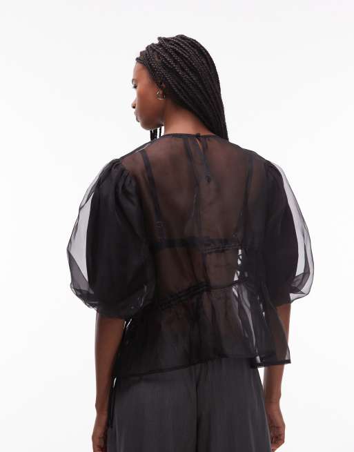 COLLUSION organza channel detail blouse in black, 4 of 4