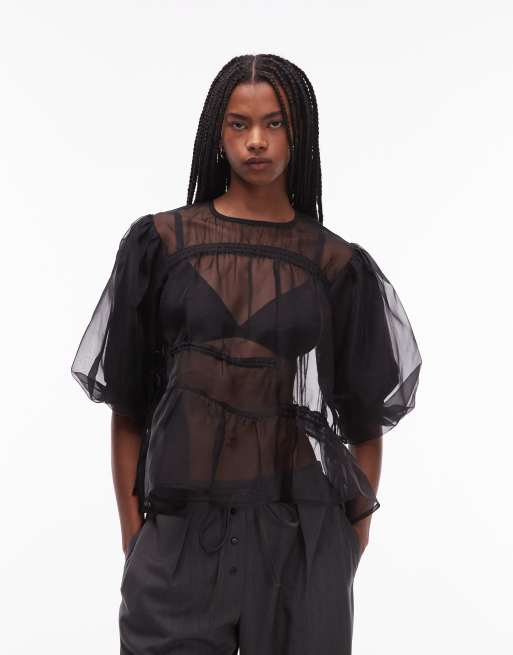 COLLUSION organza channel detail smock top in black