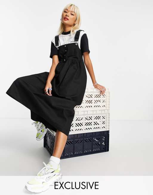 COLLUSION overall twill smock midi dress in black ASOS