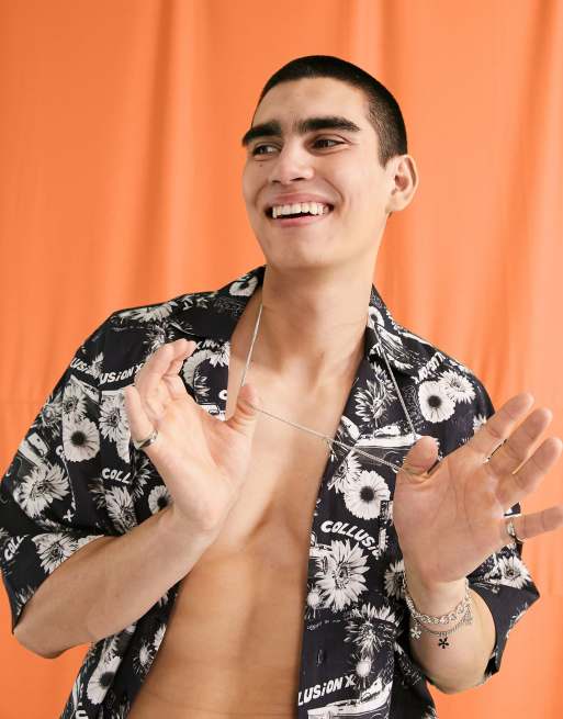 COLLUSION - Overhemd met retro Hawaiiaanse print en reversprint, deel van co-ord set