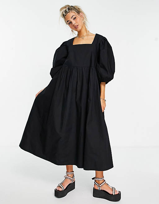 Dresses COLLUSION oversize garden midi smock dress in black 