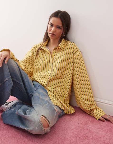 COLLUSION – Oversize-Hemdbluse aus Leinenmix in gestreiftem Gelb - view 1