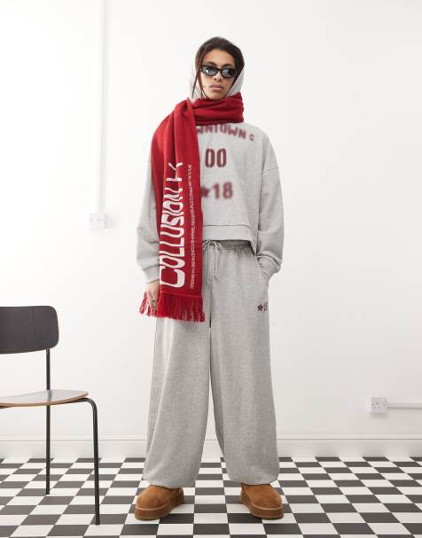 COLLUSION – Oversize-Jogginghose in meliertem Grau mit Bündchen und burgunderrotem Print - view 1
