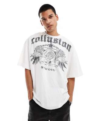 COLLUSION - Oversize-Skate-Fit-T-Shirt in Weiß mit Rosen-Tattoo-Design