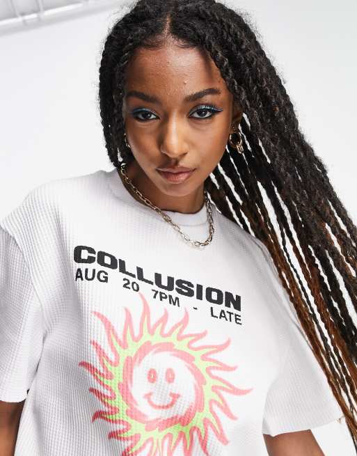 COLLUSION – Oversize-T-Shirt mit Waffelstruktur in Weiß mit Sonnen-Print 