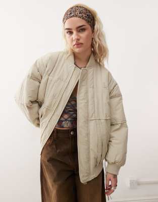 oversized bomber jacket with branding in ecru-White