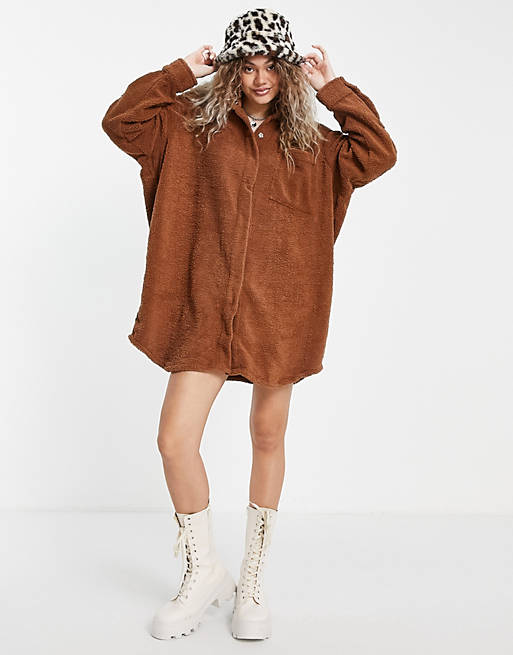  COLLUSION oversized borg mini shirt dress in brown 