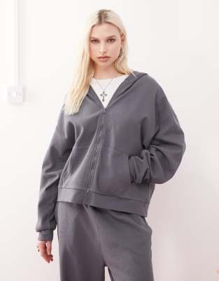 oversized boxy hoodie in charcoal waffle - part of a set-Gray