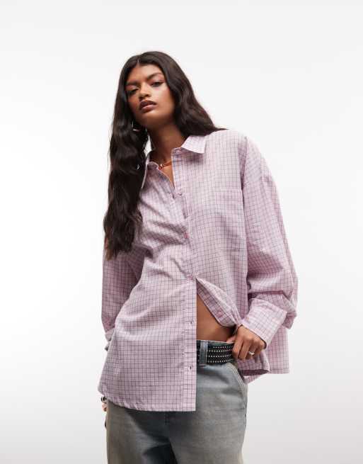 COLLUSION oversized boxy long sleeve shirt in pink grid plaid, 3 of 4