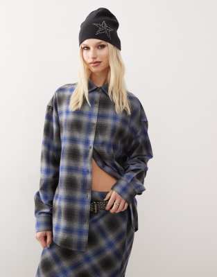 oversized brushed check shirt in gray blue check-Multi