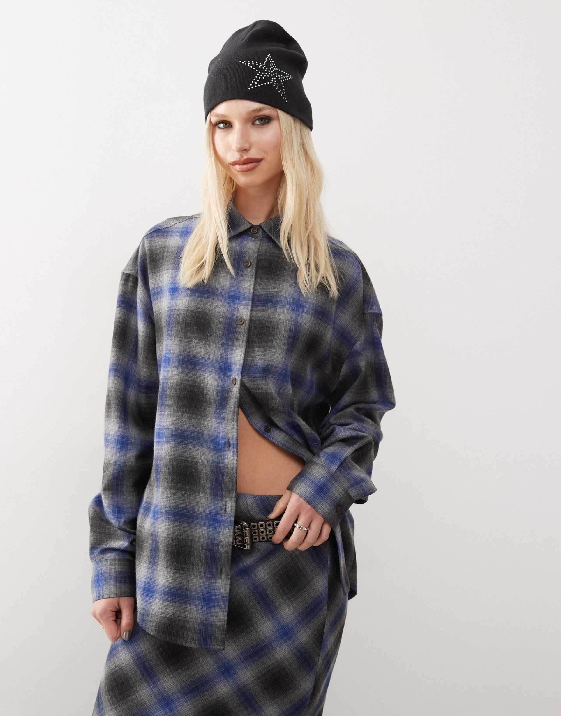 collusion oversized brushed check shirt in gray blue check