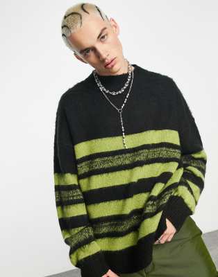 COLLUSION oversized brushed knit sweater in black and green stripe-Multi