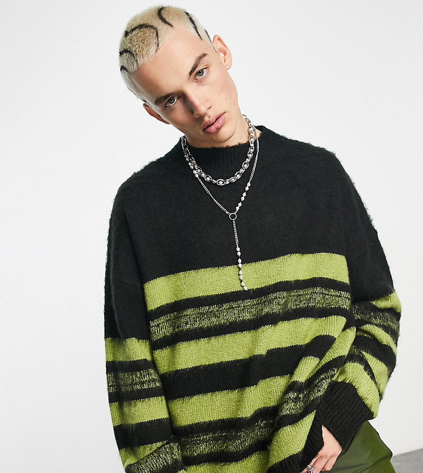 COLLUSION oversized brushed knit sweater in black and green stripe-Multi