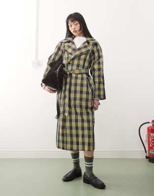 oversized checked trench coat in yellow-Gray