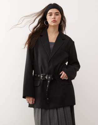 oversized cinched waist belt blazer in black