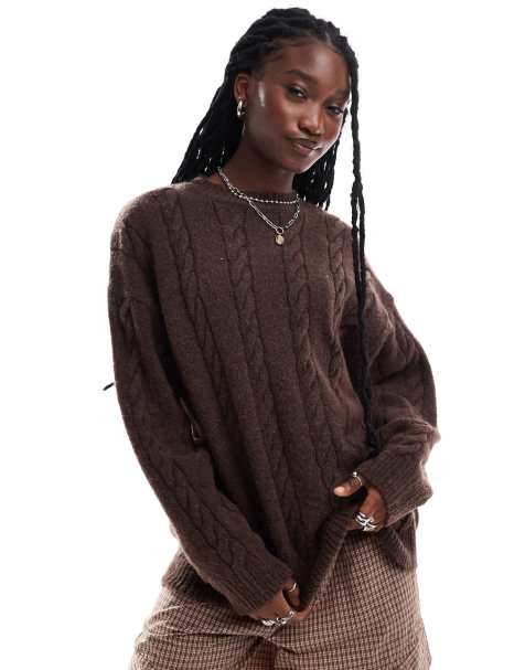 COLLUSION oversized crew neck cable knit jumper in brown - view 1