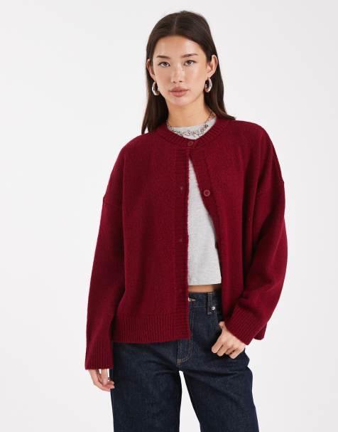 COLLUSION oversized crew neck cardigan in burgundy