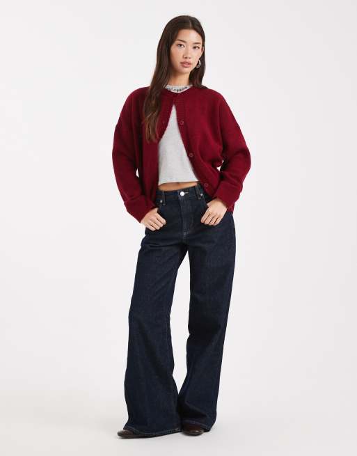 COLLUSION oversized crew neck cardigan in burgundy, 4 of 4