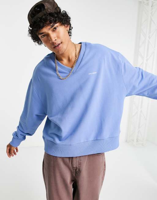 COLLUSION oversized cropped v neck sweatshirt in blue co ord