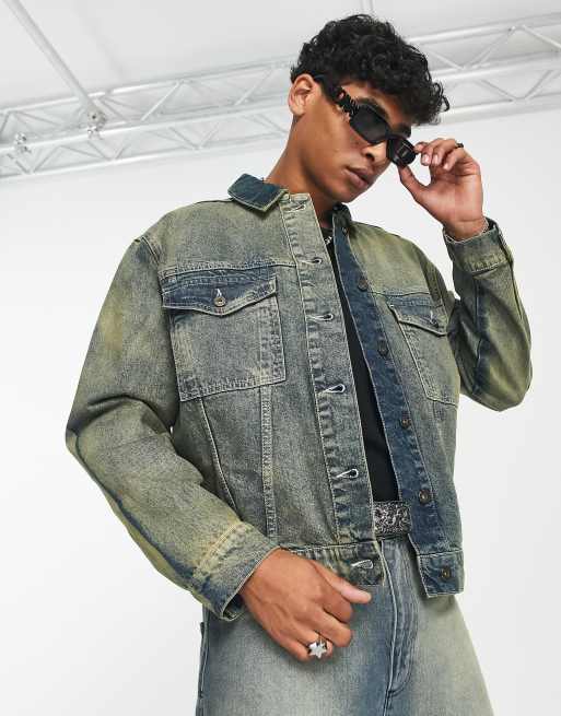 COLLUSION - Oversized denim jack met gele wassing, deel van co-ord set