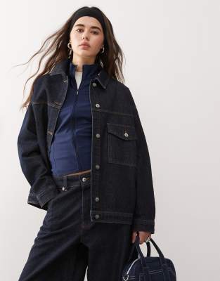 oversized denim shacket in rinse wash-Blue