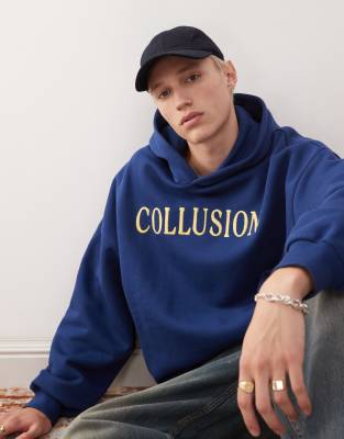 Collusion COLLUSION Oversized embroidered branded hoodie in blue-Black