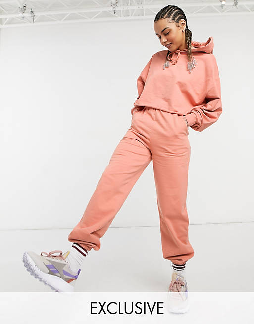 COLLUSION oversized embroidered joggers in peach co-ord