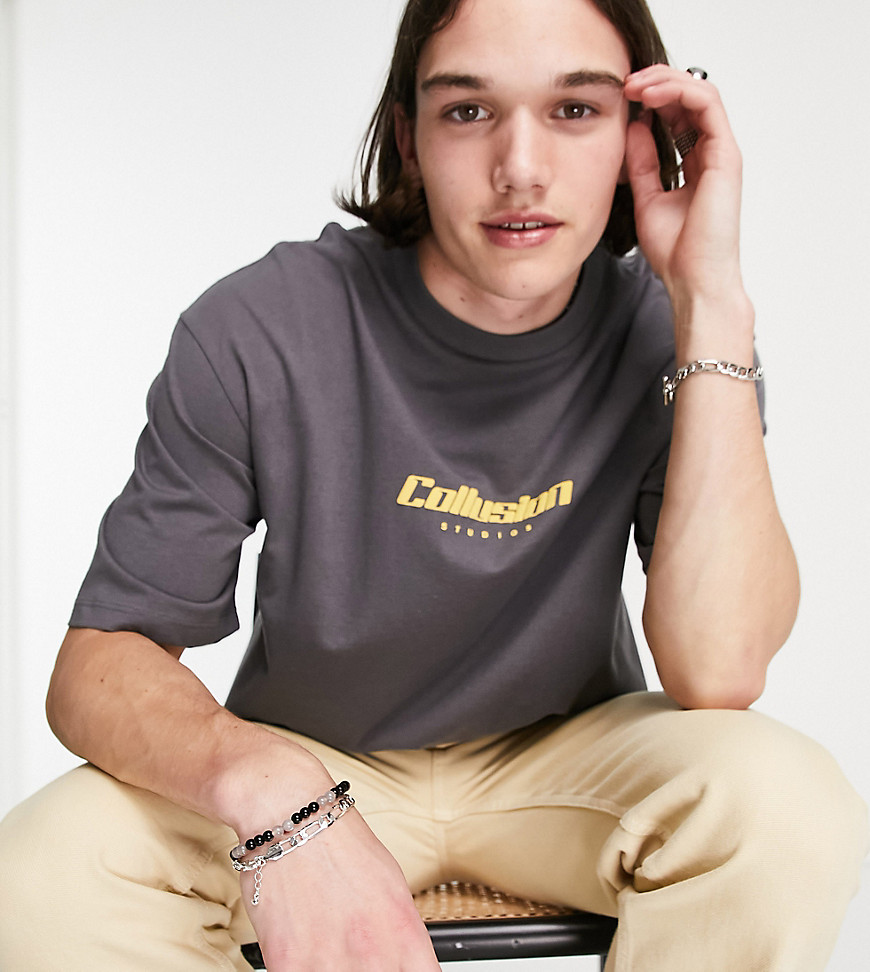 COLLUSION oversized embroidered logo T-shirt in charcoal-Gray