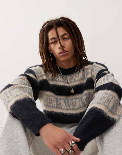 COLLUSION oversized fluffy logo stripe knitted jumper in blue - view 1