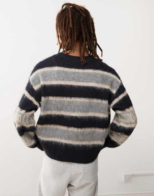 COLLUSION oversized fluffy logo stripe knitted jumper in blue, 2 of 4