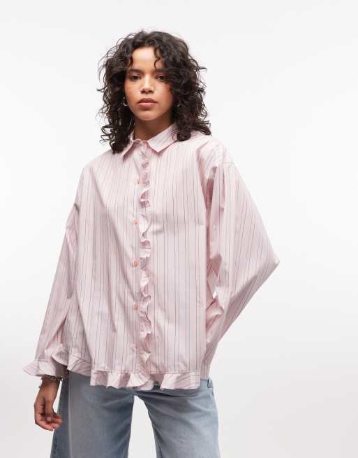 COLLUSION oversized frill shirt in pink stripe, 2 of 4