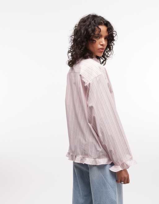 COLLUSION oversized frill shirt in pink stripe, 4 of 4
