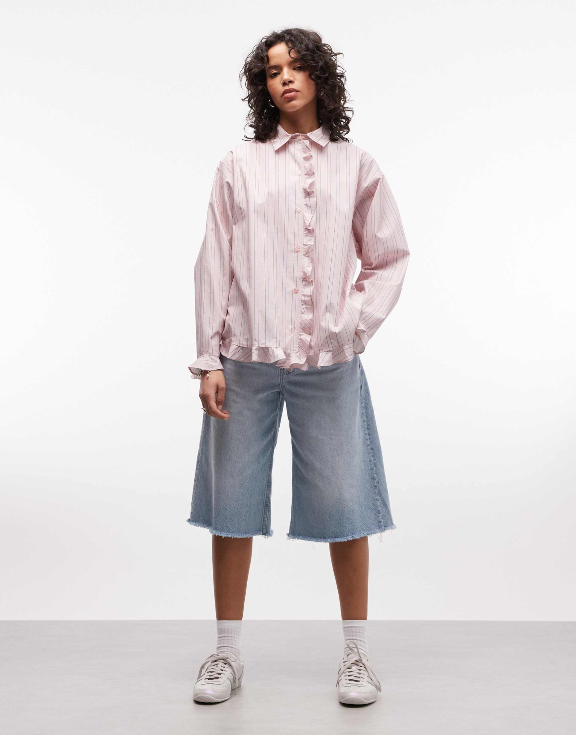 collusion oversized frill shirt in pink stripes