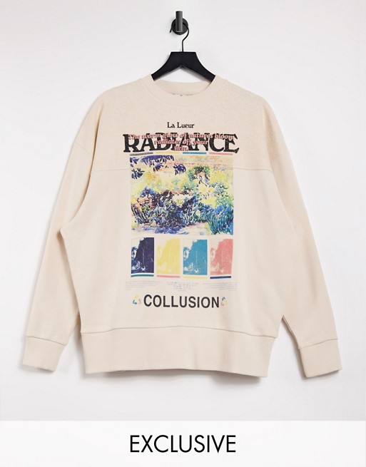 COLLUSION oversized front print sweat with reverse loopback panel