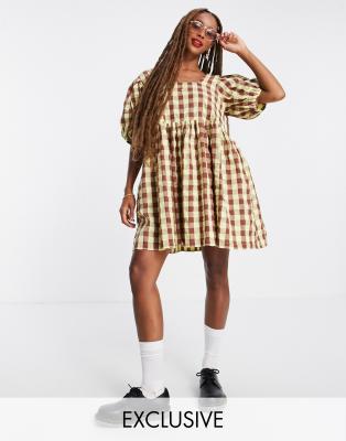 COLLUSION oversized gingham mini smock sundress in green and brown - ASOS Price Checker