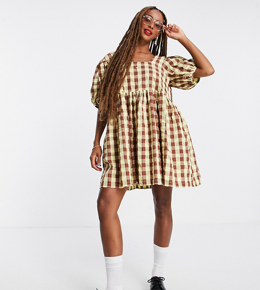 COLLUSION oversized gingham mini smock sundress in green and brown-Multi