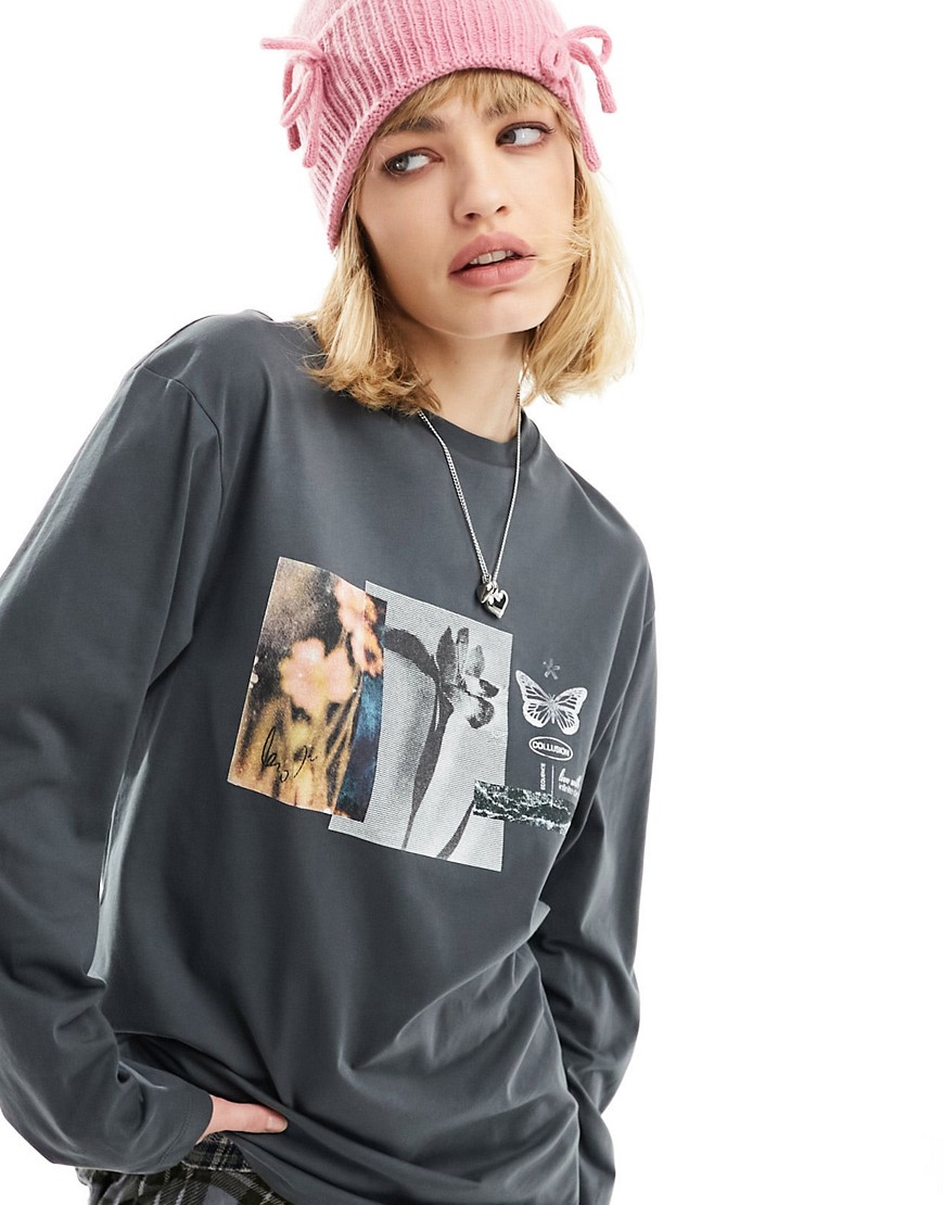 Collusion Oversized Graphic Long Sleeve T-shirt In Gray