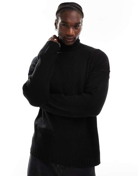 COLLUSION oversized heavy weight roll neck jumper in black - view 1