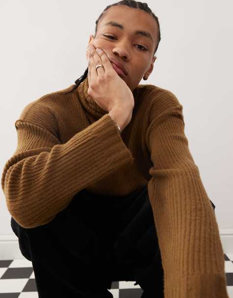 COLLUSION oversized heavy weight roll neck jumper in brown - view 1