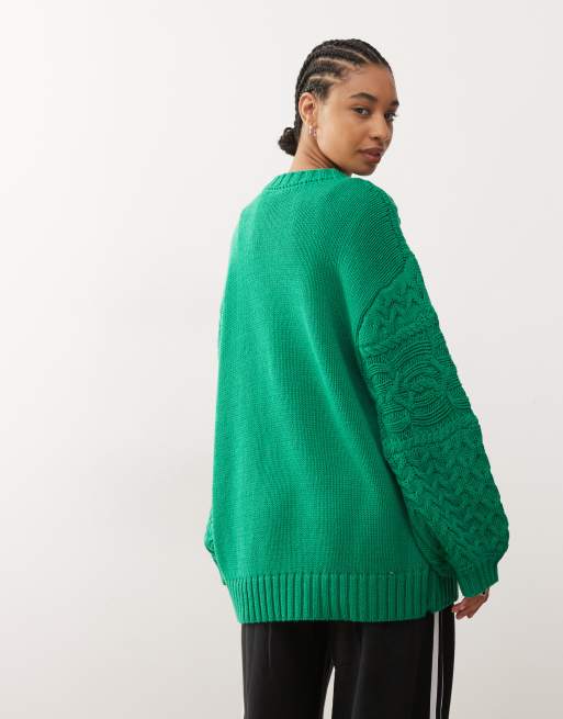 COLLUSION oversized heavyweight washed cable knit sweater in green , 3 of 4