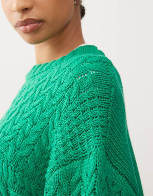COLLUSION oversized heavyweight washed cable knit sweater in green , 4 of 4