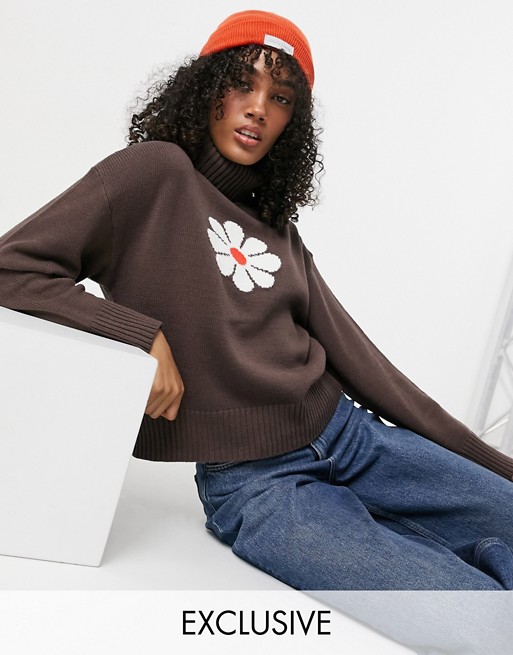 COLLUSION oversized high neck jumper in brown with daisy jacquard