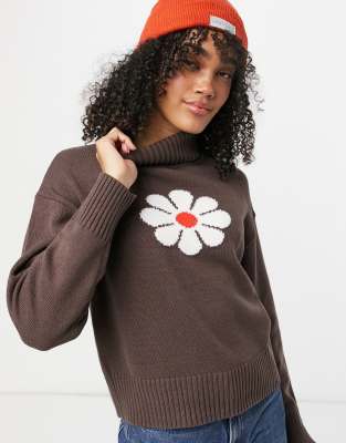 COLLUSION oversized high neck jumper in brown with daisy jacquard | ASOS