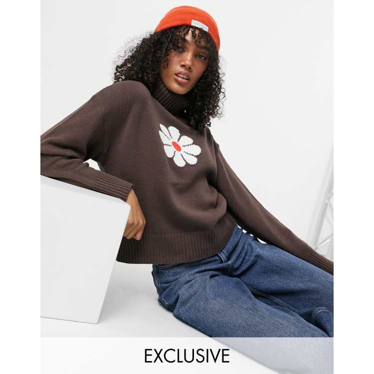 COLLUSION oversized high neck sweater in brown with daisy jacquard