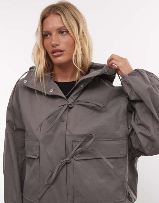 COLLUSION oversized hooded bomber jacket with bow detail in grey, 3 of 4