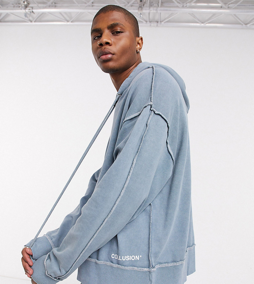 COLLUSION - Oversized hoodie met asymmetrische zak in leisteenblauwe wassing-Grijs