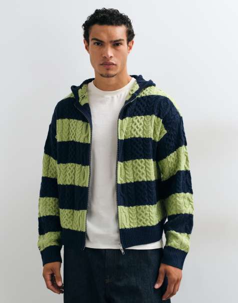 COLLUSION oversized hoodie met rits en kabelbreisel in marineblauw en groene streep - view 1