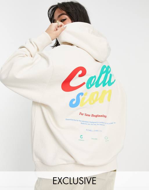 Collusion Oversized Hoodie With Back Print In Ecru Asos