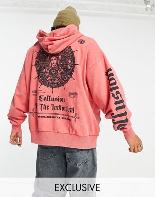 COLLUSION oversized hoodie with back print in red acid wash